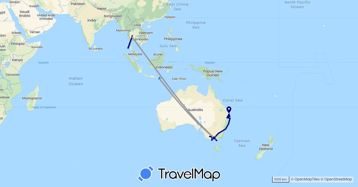 TravelMap itinerary: driving, plane, boat in Australia, Thailand (Asia, Oceania)